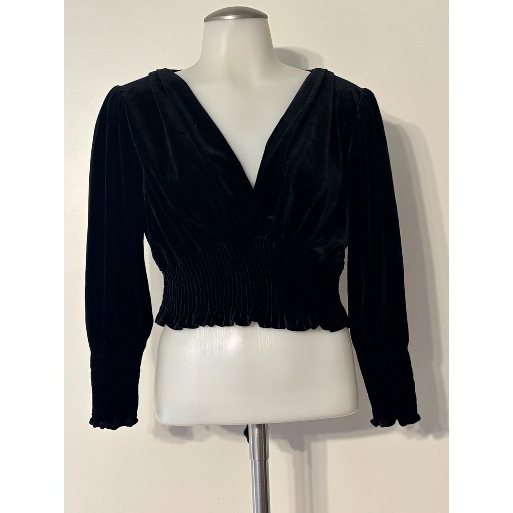 Zara Velvet Cropped Top Women Medium Black Smocked V-Neck Long Sleeve Excellent
